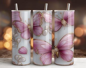 Pink Butterfly Gem Tumbler Wrap: Elegant 20oz Skinny Tumbler Design (Digital Download)