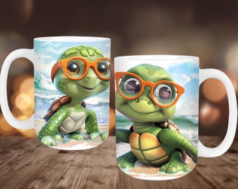 Beach Turtle Mug Wrap, Cute Animal, 11oz & 15oz Mug Template, Mug Sublimation Design, Summer Mug Wrap Template, Instant Digital Download PNG