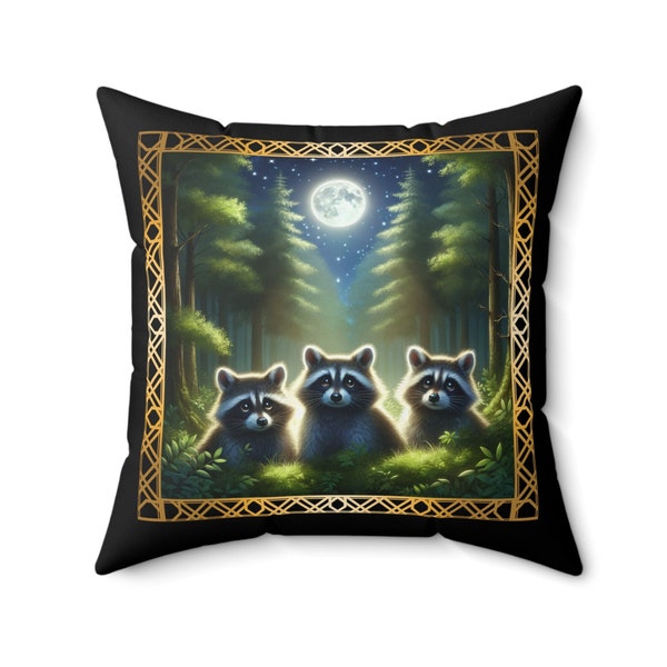 Raccoons, moon, forestcore, vintage border, throw pillow, accent pillow, cute, gifting, animal lover, gifting, Spun Polyester Square Pillow