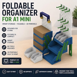 May include: A foldable organiser for A1 Mini featuring a blue and green tiered storage unit with a white pegboard back, green hooks, and two separate white bins. The text reads FOLDABLE ORGANISER FOR A1 MINI, SMART STORAGE, FOLDABLE, 3D PRINTABLE.