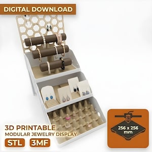 May include: A white and beige modular jewelry display with brown cylindrical bars for bracelets and necklaces, and slots for earrings and rings. The text "DIGITAL DOWNLOAD" and "3D PRINTABLE MODULAR JEWELRY DISPLAY" are visible.