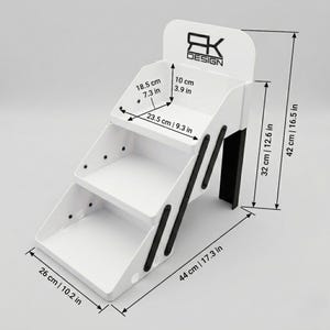 Technische Zeichnung des Untersetzer Displays mit Abmessungen und Größenangaben für den 3D Druck