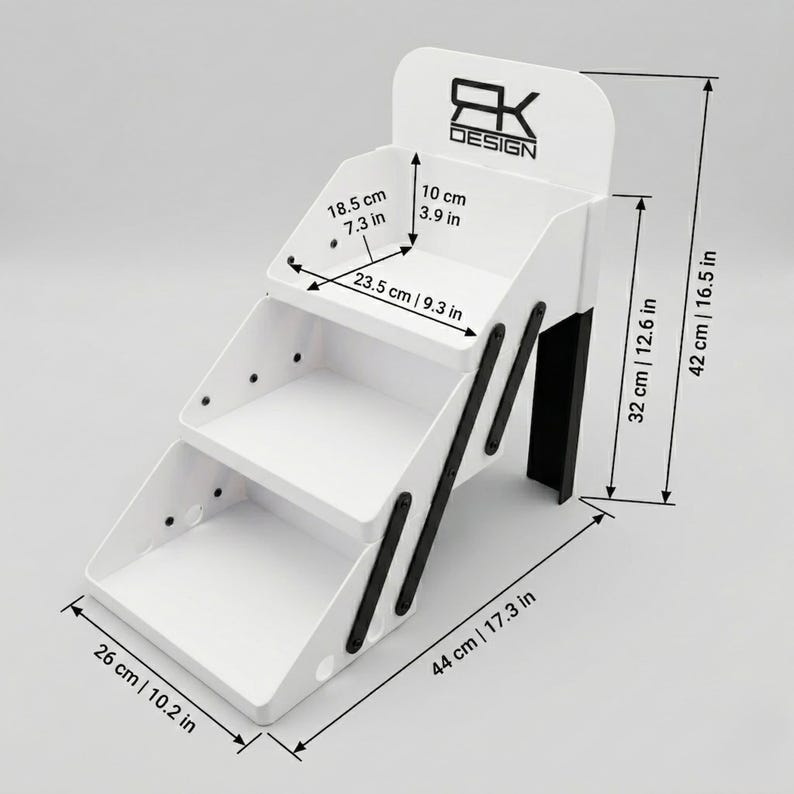Technische Zeichnung des Untersetzer Displays mit Abmessungen und Größenangaben für den 3D Druck