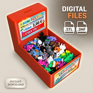 Puede incluir: Un expositor rojo lleno de pequeñas figuras de animales articuladas y coloridas. El expositor incluye carteles con el texto MINI FLEXIS, 1 STÜCK 2,00 €, 3 STÜCK FÜR 5 €, FLEXI-FREUNDE ENTDECKEN y SAMMLE DEINE LIEBLINGSTIERCHEN. Incluye archivos digitales .STL y .3MF.
