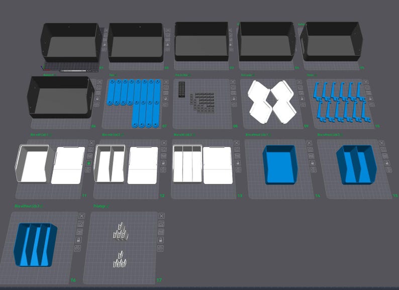 May include: A digital layout displaying various 3D printed components including black rectangular bins, blue modular connectors, white dividers, and blue storage organizers. The items are arranged in a grid on a gray workspace interface.
