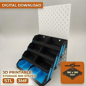 May include: A 3D printable storage bin system featuring a white pegboard back panel and multiple black and blue tiered bins. The system includes text stating DIGITAL DOWNLOAD, 3D PRINTABLE STORAGE BIN SYSTEM, STL, 3MF, and 180 x 180 mm.