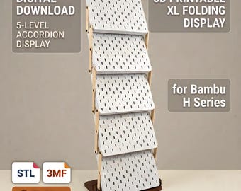 May include: A 5-level accordion pegboard display stand in white with light wood-colored side supports and a dark brown base. Text includes DIGITAL DOWNLOAD, 3D PRINTABLE XL FOLDING DISPLAY for Bambu H Series, STL, 3MF, and 320 x 270 mm print bed size.