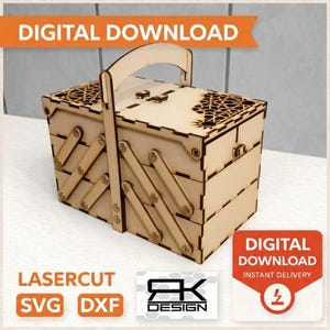 Könnte beinhalten: Hellbraune, lasergeschnittene Holzkiste mit Griff, Scharnierseiten und dekorativen Ausschnitten auf dem Deckel. Die Kiste hat eine geschichtete Konstruktion. Der Text auf dem Bild lautet "DIGITALER DOWNLOAD", "LASER CUT", "SVG", "DXF" und "RK DESIGN".