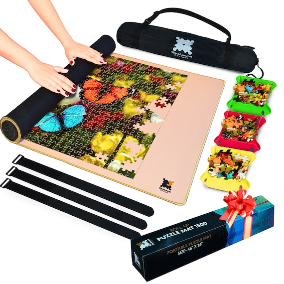 Jigsaw Puzzle Mat Roll up W/ Puzzle Sorting Trays Smooth Light Colored  Puzzle Mat Holds up to 1500 Pieces Size 46 X 26 Great Gift. 