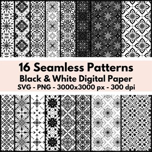 May include: A collection of 16 black and white seamless patterns. The patterns feature various geometric and floral designs. The image includes the text "16 Seamless Patterns Black & White Digital Paper SVG - PNG - 3000x3000 px - 300 dpi."