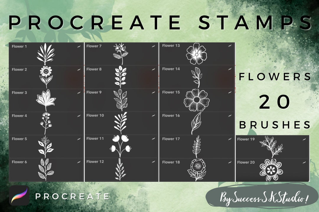 20 Flower & Leaf Procreate Brushes: Botanical Stamps (digital Download ...