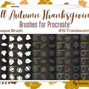 May include: Digital Procreate brushes with a fall and Thanksgiving theme. The image shows leaf and pumpkin designs, labelled as "#12 Opaque Brush" and "#15 Translucent Brush". The text "Fall Autumn Thanksgiving Brushes for Procreate" is at the top.