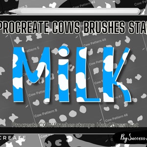 May include: Digital art set for Procreate featuring 50 cow-themed brushes and stamps. The word "MILK" is displayed in blue with white cow spots. The background is gray with cow pattern designs. Includes a cartoon cow illustration.