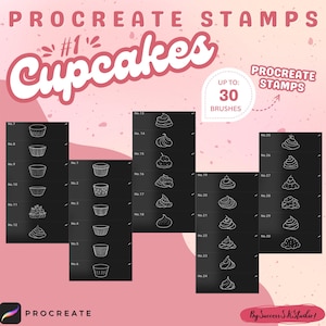 Puede incluir: Un conjunto de 30 sellos de Procreate con varios diseños de cupcakes. Los sellos son en blanco y negro y están numerados del 1 al 30. La imagen incluye el texto "Procreate Stamps #1 Cupcakes" y "Hasta 30 pinceles".