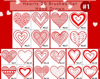 May include: A red and white graphic featuring 20 hand-drawn heart stamps for Procreate. Each heart has a unique design, including patterns, lines, and dots. The text "PROCREATE STAMPS" and "Hearts 20 Brushes Set" are at the top.