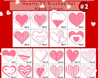 May include: A digital art set of 20 hand-drawn heart stamps for Procreate. The image features various pink heart designs, each numbered, against a red background with white heart accents. Text includes "PROCREATE STAMPS" and "Hearts 20 Brushes Set #2".