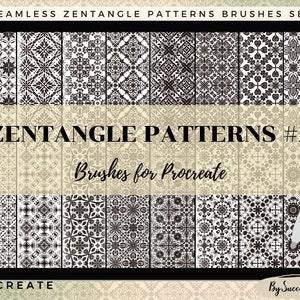 Puede incluir: Una pantalla de tableta digital que muestra 16 patrones de Zentangle sin costuras en blanco y negro. El texto "Zentangle Patterns #2" y "Brushes for Procreate" se muestra en la pantalla. El texto "Procreate" se muestra en la parte inferior de la pantalla. El texto "16" se muestra en la esquina inferior derecha de la pantalla. El texto "By Success SKStudio!" se muestra en la esquina inferior derecha de la pantalla.