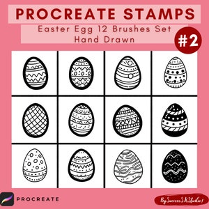 May include: A set of 12 hand-drawn Easter egg brushes for Procreate. The brushes feature different patterns, including polka dots, stripes, and geometric designs. The set is labeled "#2".