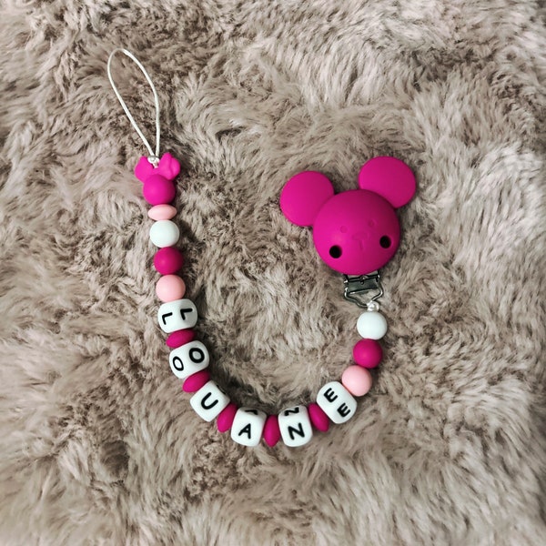 Personalisierter Minnie Disney-Schnullerclip für Babys, Kinder, ideal als Geschenk, 100 % Silikon, Einhaltung der Normen, anpassbares MAM