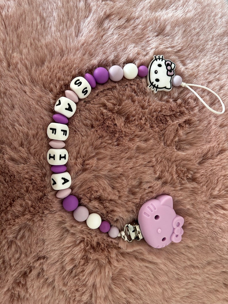 Hello Kitty pacifier clip for personalized girl, birth gift, birthday, etc. MAM adapter Purple