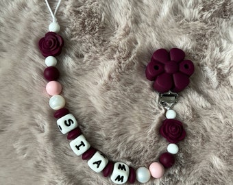 Personalized flower girl pacifier clip Bordeaux Rose model