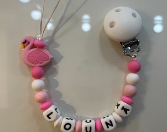 Personalized pink Flament girl pacifier clip, 100% silicone, handmade, ideal for your baby, children, birth gift, MAM