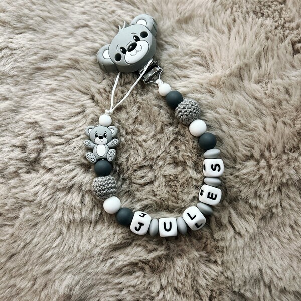 Personalized girl boy pacifier clip, gray Ourson model, mixed, hooked bead, adaptable MAM