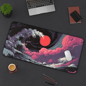 LoFi Desk Mat - DARK KANAGAWA - Studio Ghibli Office Decoration - Japan Office Decor - Home Workspace - Anime Desk Mat - Aesthetic Office