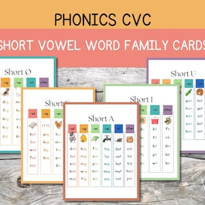 Tarjetas de lista de palabras CVC, Familia de palabras vocales cortas, Tarjetas de fonética, Montessori, Jardín de infantes, Preescolar, Aprender a leer, Educación en casa, Imprimible