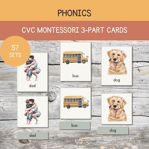 Tarjetas de fonética Montessori CVC de 3 partes. Palabra CVC imprimible. Consonantes y vocales. Jardín de infancia. Descarga digital imprimible.