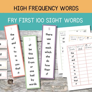 May include: A set of printable flashcards for teaching Fry's First 100 Sight Words. The cards are color-coded by number and feature a list of words on each card. The image also shows a printable worksheet with a checklist for practicing the words.