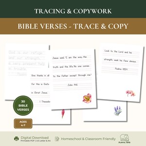 以下が含まれることがあります： 聖書の節をなぞって書き写すための印刷可能なワークシートセット。手書き練習用の点線テキスト、花のイラスト、30 BIBLE VERSESおよびAGES 4-7と書かれた円形のバッジが特徴です。ページにはヨハネによる福音書14章6節などのテキストが含まれています。