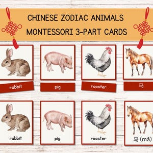 Animales del zodíaco chino. Tarjetas Montessori de 3 partes. Año Nuevo Chino. Año Nuevo Lunar. Descarga digital imprimible. Educación en el hogar. Tarjetas didácticas.