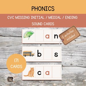 Actividades de palabras CVC. Falta el sonido inicial. Sonido medial. Sonido final. Montessori imprimible. Fonética del jardín de infantes. Tarjetas CVC. Educación en casa.