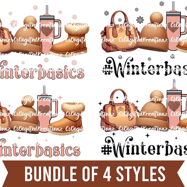 Winter Basics Bundle of 4 Tumbler Boots Bag Hat Image For Shirts Sublimation Dtf Digital Download