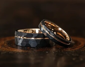 Black Tungsten Wedding Ring | Thin Rose Gold Groove | Hammered Design | Comfort Fit | Suitable for Men and Women | Size 6-14