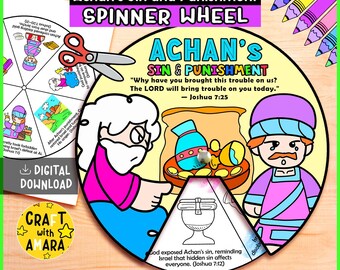 Achan’s Sin and Punishment Spinner Coloring Wheel: Bible Story Lesson Activity for Kids, Sunday School, Memory Game, Christian Homeschool