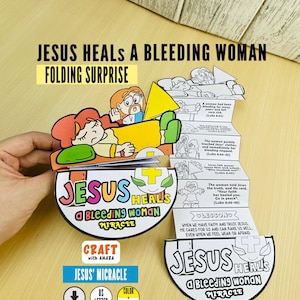 May include: A paper folding craft titled Jesus Heals a Bleeding Woman, featuring a colorful illustration of Jesus and a woman. The accordion-style paper strip includes black and white line drawings with text from Luke 8:43-48, explaining the miracle.