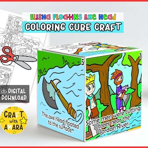 May include: A colorful cube craft with the text "ELISHA FLOATING AXE HEAD COLORING CUBE CRAFT." The cube features illustrations of a floating axe head, trees, and figures. Includes a digital download option.