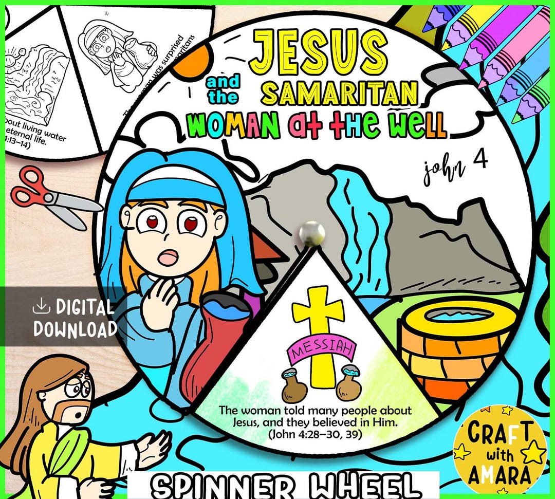 Jesus and the Samaritan Woman at the Well Spinner Coloring Wheel Bible ...