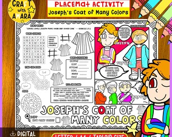 May include: A colorful placemat activity sheet titled "Joseph's Coat of Many Colors" with illustrations and text-based puzzles. Includes a word search, word scramble, maze, and fill-in-the-blank sections. Features cartoon illustrations of Joseph and his father.