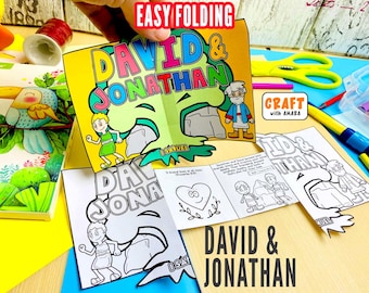May include: A paper craft activity featuring a foldable card with the text DAVID & JONATHAN in colorful letters, a green tree illustration, and two cartoon figures. The set includes black and white coloring pages with text and heart graphics.