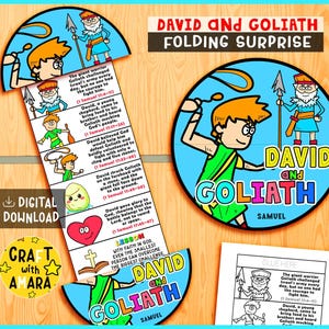 David and Goliath Folding Surprise Bible Craft, Bible Lesson, Sunday School Craft, Church Activity Kids, Mini Book, Old Testament