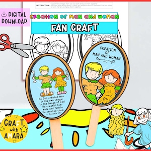 May include: A digital download fan craft featuring illustrations of the creation of man and woman. The craft includes instructions, a pair of scissors, and the text "Creation of Man and Woman Fan Craft". The craft is designed for children.
