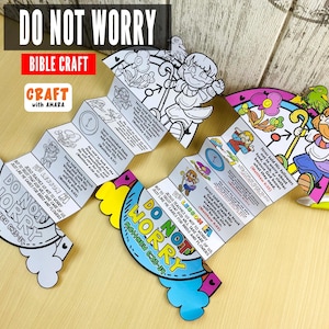 May include: Two colourful Bible craft projects with the text "DO NOT WORRY" and "BIBLE CRAFT." The crafts feature illustrations of cartoon characters and Bible verses. The crafts are designed to be folded and displayed.