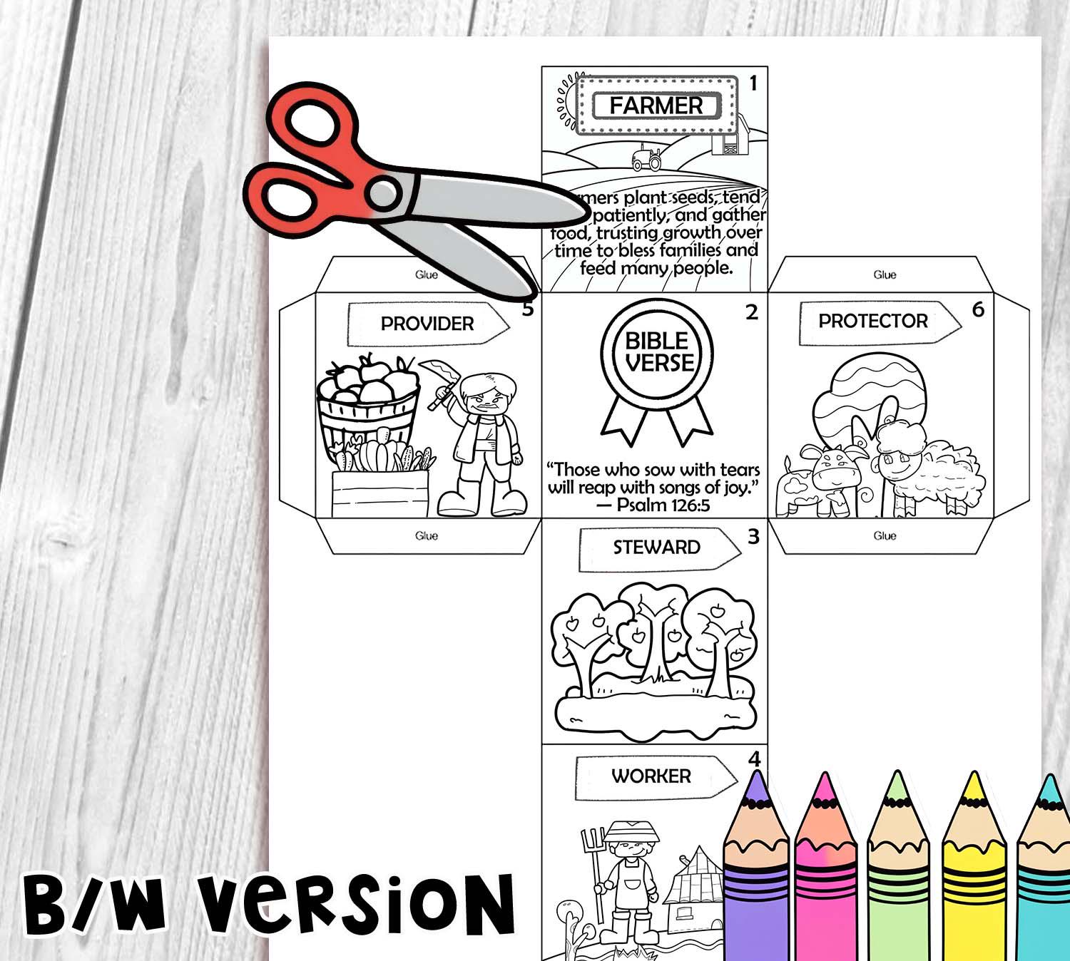 COMMUNITY HELPERS: Farmer Coloring Cube Bible Craft, Love Your Neighbor ...