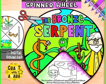 Pode incluir: Uma roda giratória colorida com o texto "The Bronze Serpent" e ilustrações de cobras e figuras bíblicas. A roda inclui o texto "Spinner Wheel" e "Digital Download". A imagem também inclui uma tesoura e lápis de cor.