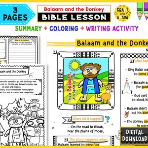 May include: A colorful Bible lesson printable titled "Balaam and the Donkey." The pages include a summary, coloring pages, and a writing activity. The image features illustrations of Balaam, a donkey, and text boxes.