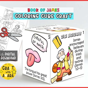 May include: A white cube craft with illustrations and text from the Book of James. The cube features drawings of a tongue, a man with a scroll, and the text "Careful of Words" and "The tongue has great power (James 3:5)."