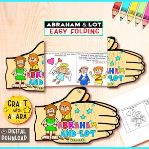 Puede incluir: Una manualidad de descarga digital con una actividad de plegado en forma de mano sobre Abraham y Lot del Génesis. El diseño incluye ilustraciones de dibujos animados, texto y las palabras "Easy Folding" y "Craft with Amara."